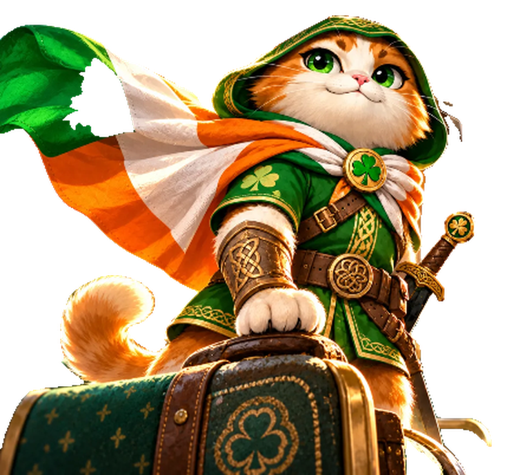 Irish Hero Cat with his sword and shamrock suitcase