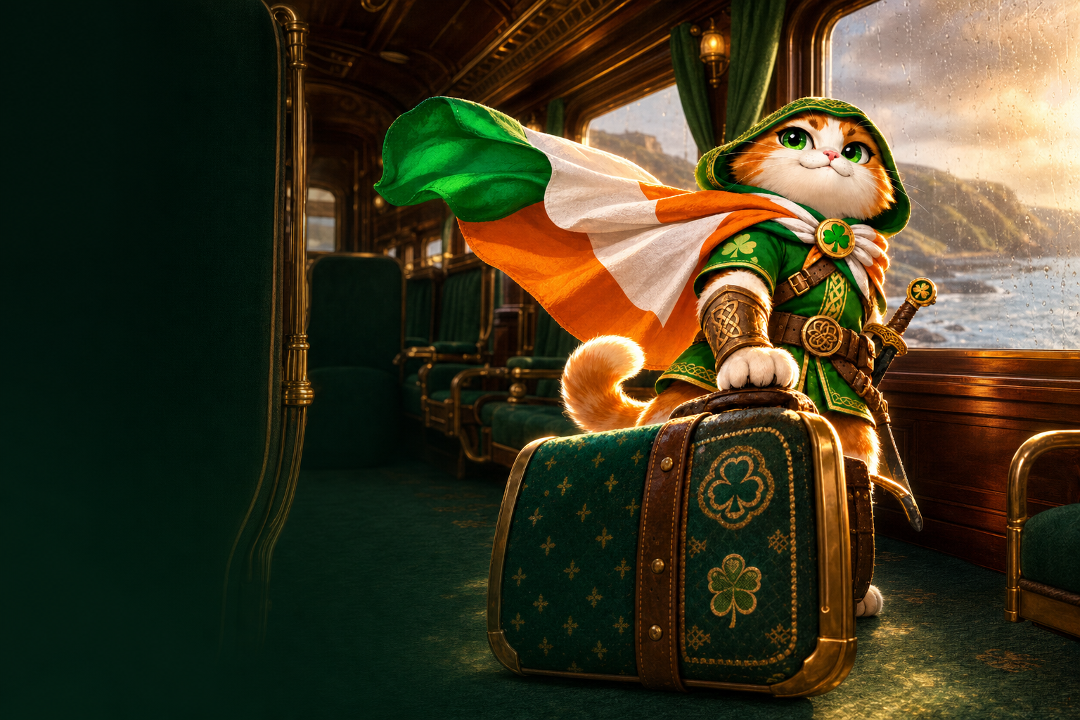 Irish Hero Cat in a green hood and tricolour cape, standing with his shamrock suitcase in a train carriage by the coast